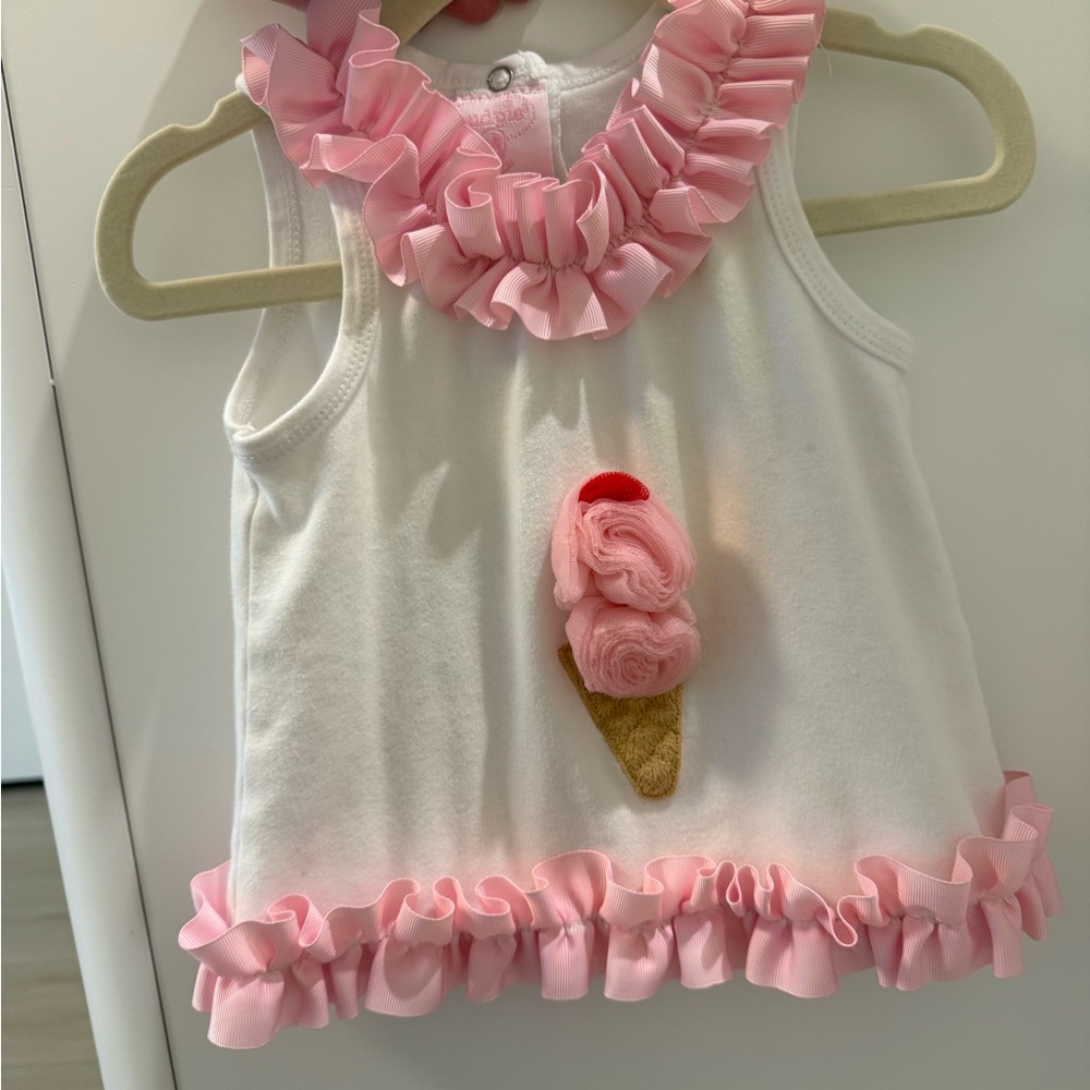 Mud Pie White Tank with Pink Ruffle Trim & Ice Cream Appliqué